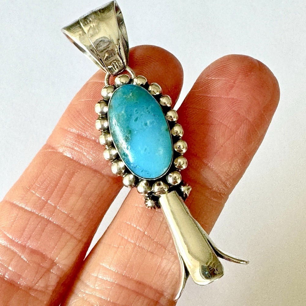 Navajo Squash Blossom Turquoise Pendant 2in Sterling Naja Marie Jones‎